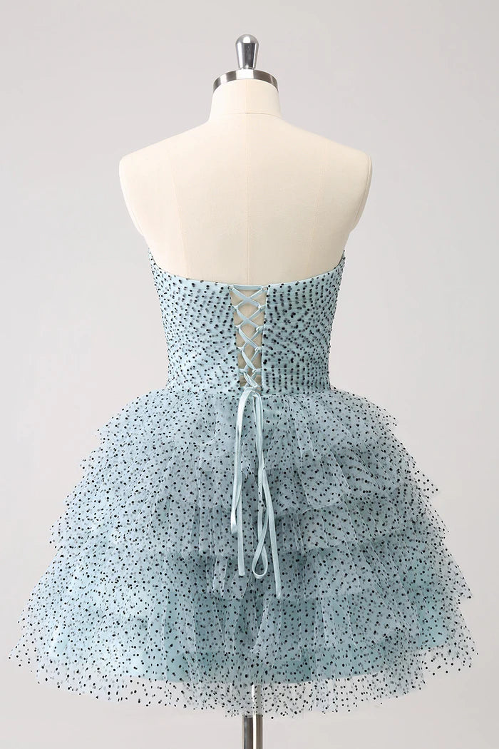 Weitese Dress Blue A Line Tiered Dotted Strapless Homecoming Dress Sleeveless Bows Party Dress